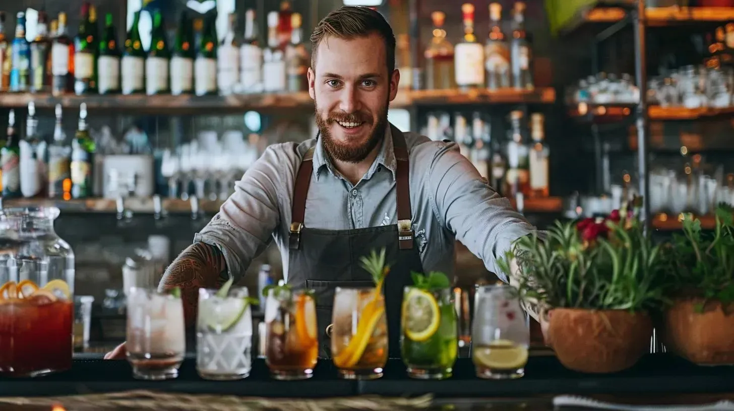 Bartender smiles at the camera, showcasing colorful cocktails on a bar. Shelves of liquor in background.