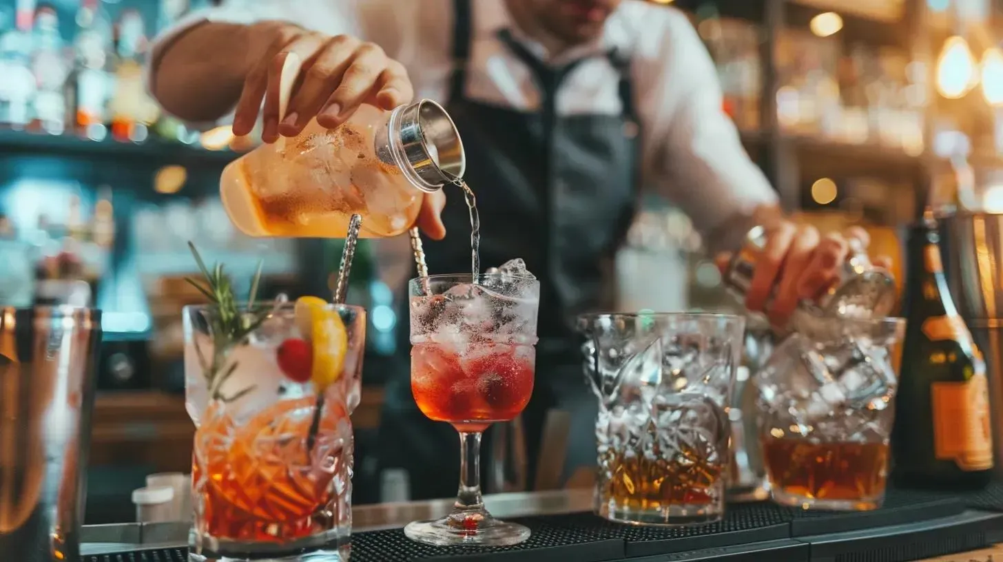 Bartender pouring drink into cocktail glass with ice, behind bar.