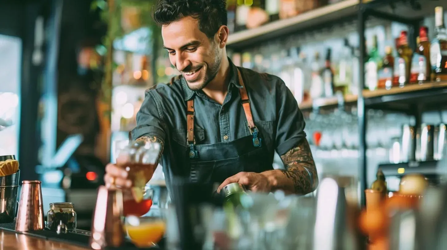 Bartender smiles while pouring a drink. Behind the bar with bottles and glasses.