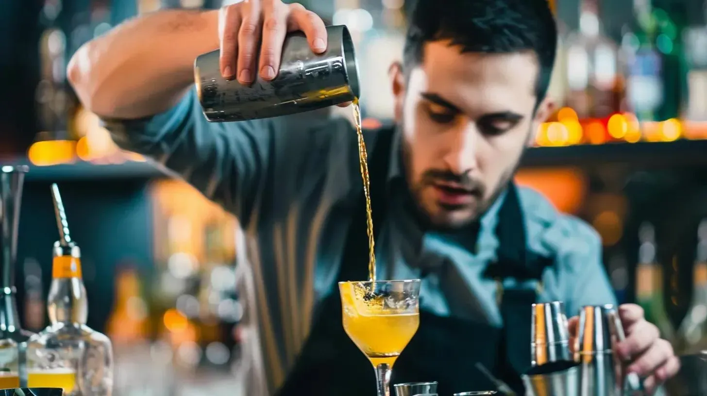 Bartender pouring cocktail from shaker, yellow liquid, dimly lit bar setting.