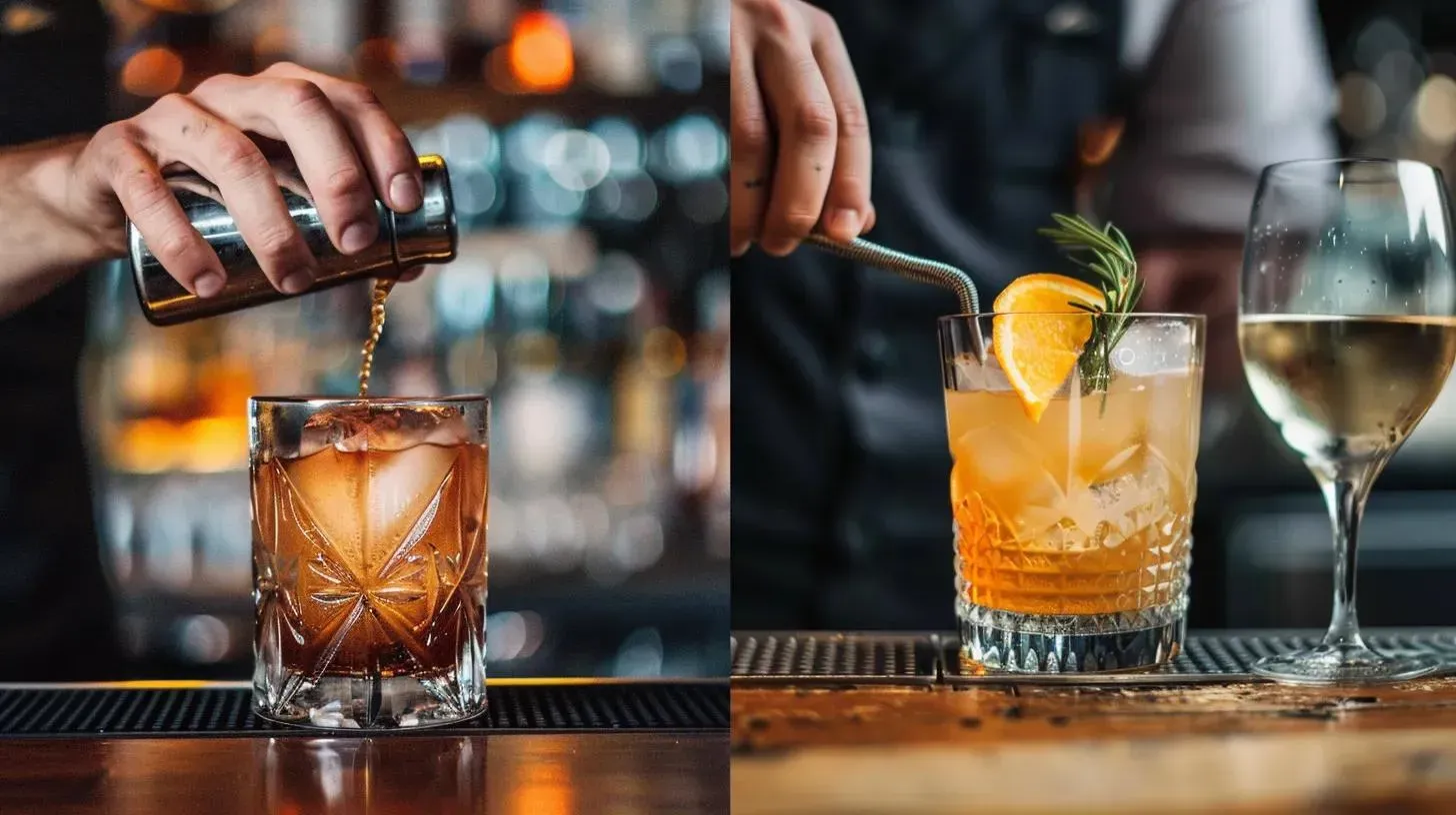 Bartender pouring cocktails in a bar: one dark drink, one orange drink, and a glass of white wine.
