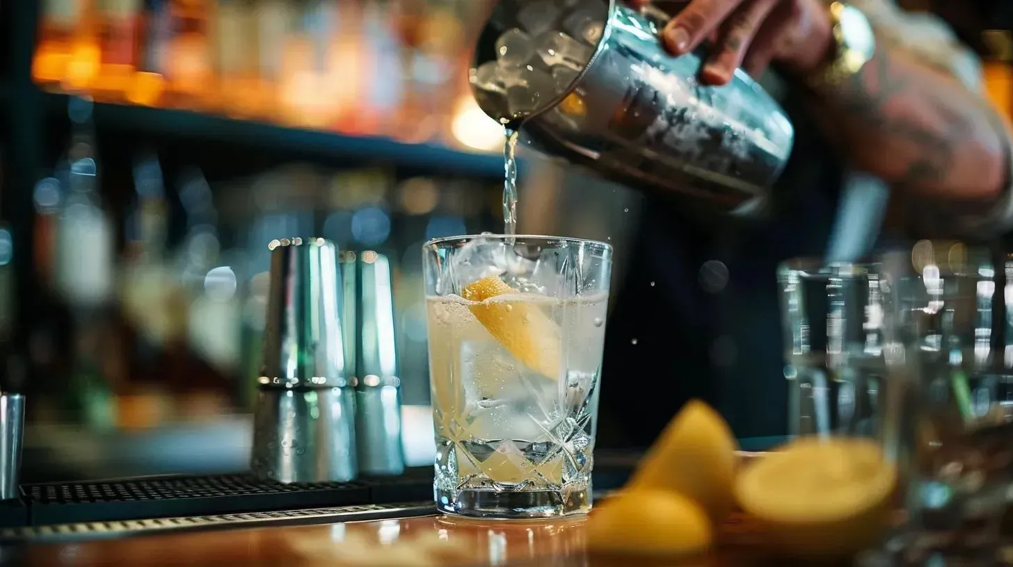 Bartender pouring cocktail from shaker into a glass with ice and lemon at bar.