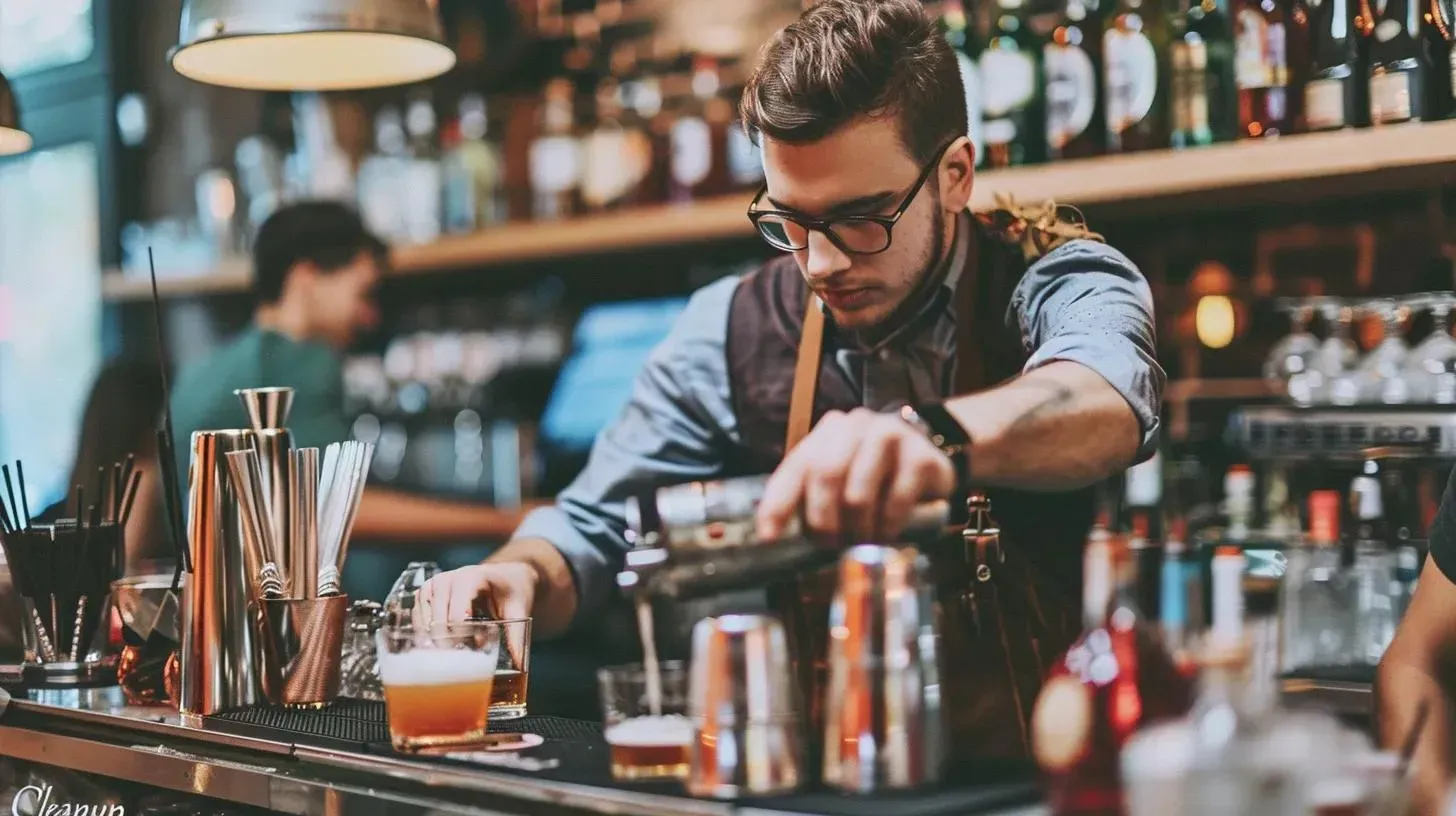 Bartender pouring a drink at a bar; stainless steel tools, bottles on shelves, soft lighting.