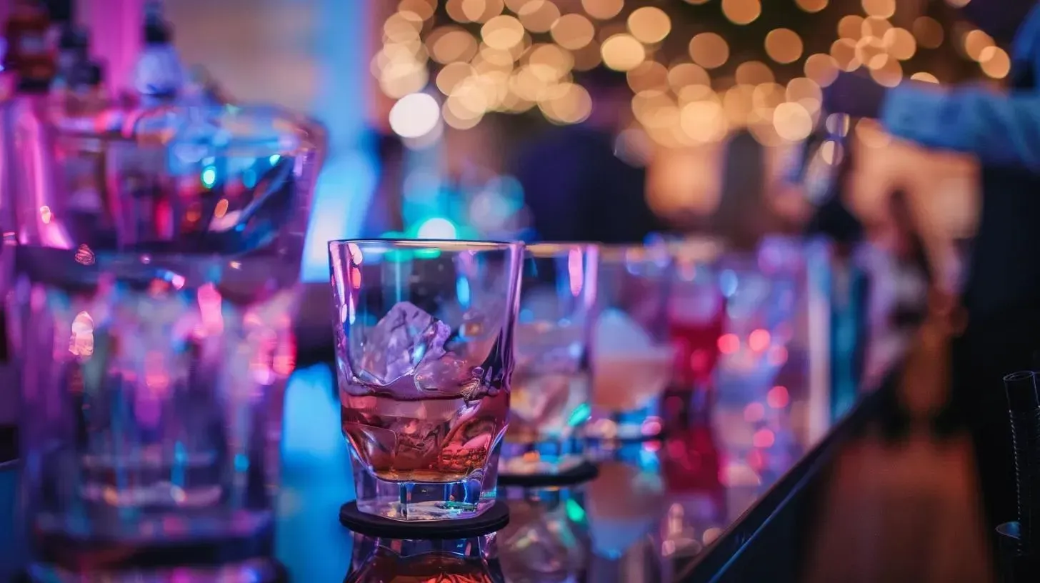 Glass of amber liquid with ice on a bar, lit by purple and blue lights. Blurred background of a bar scene.