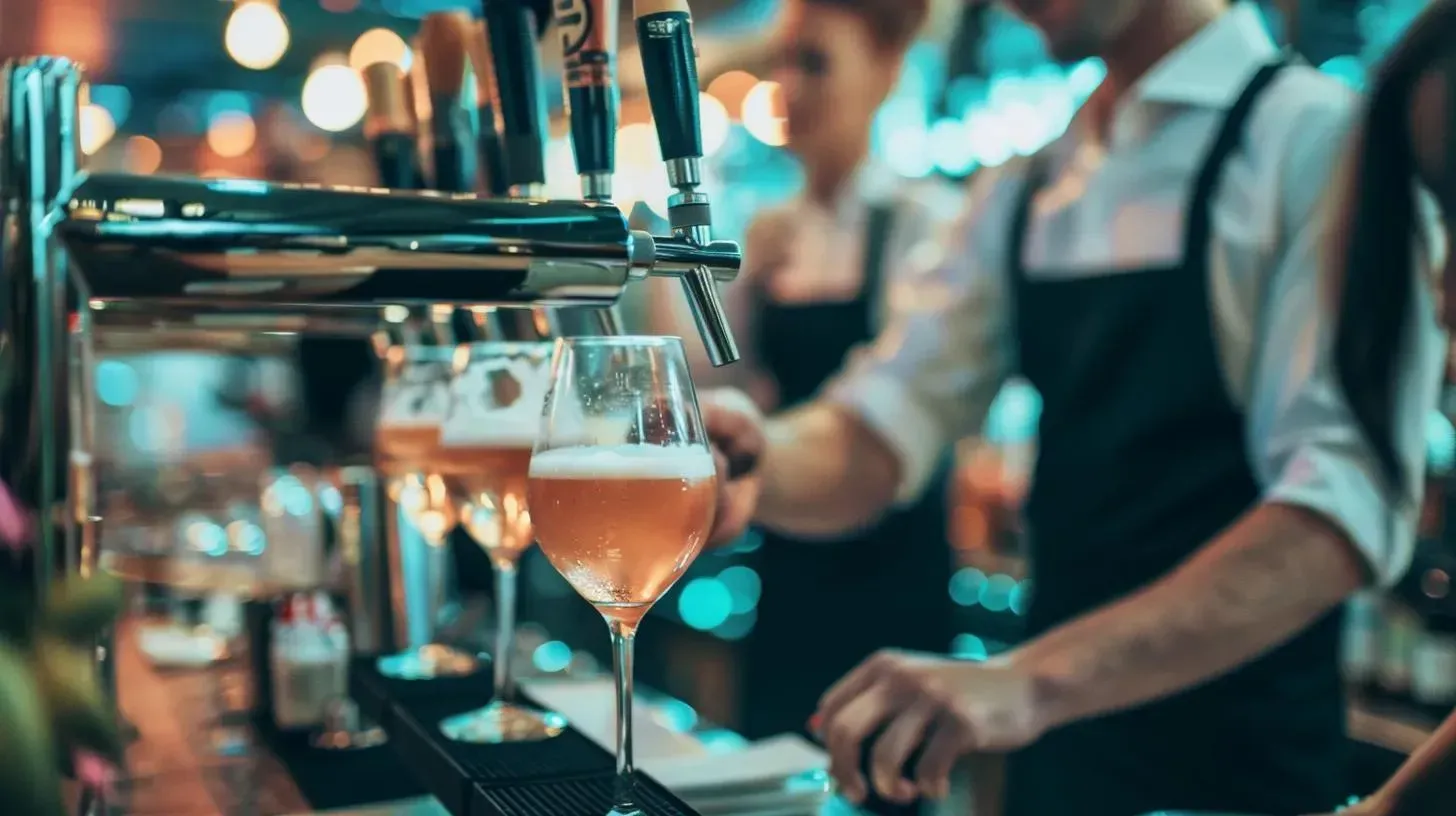 Bartender pouring beer from tap into glasses at a bar.