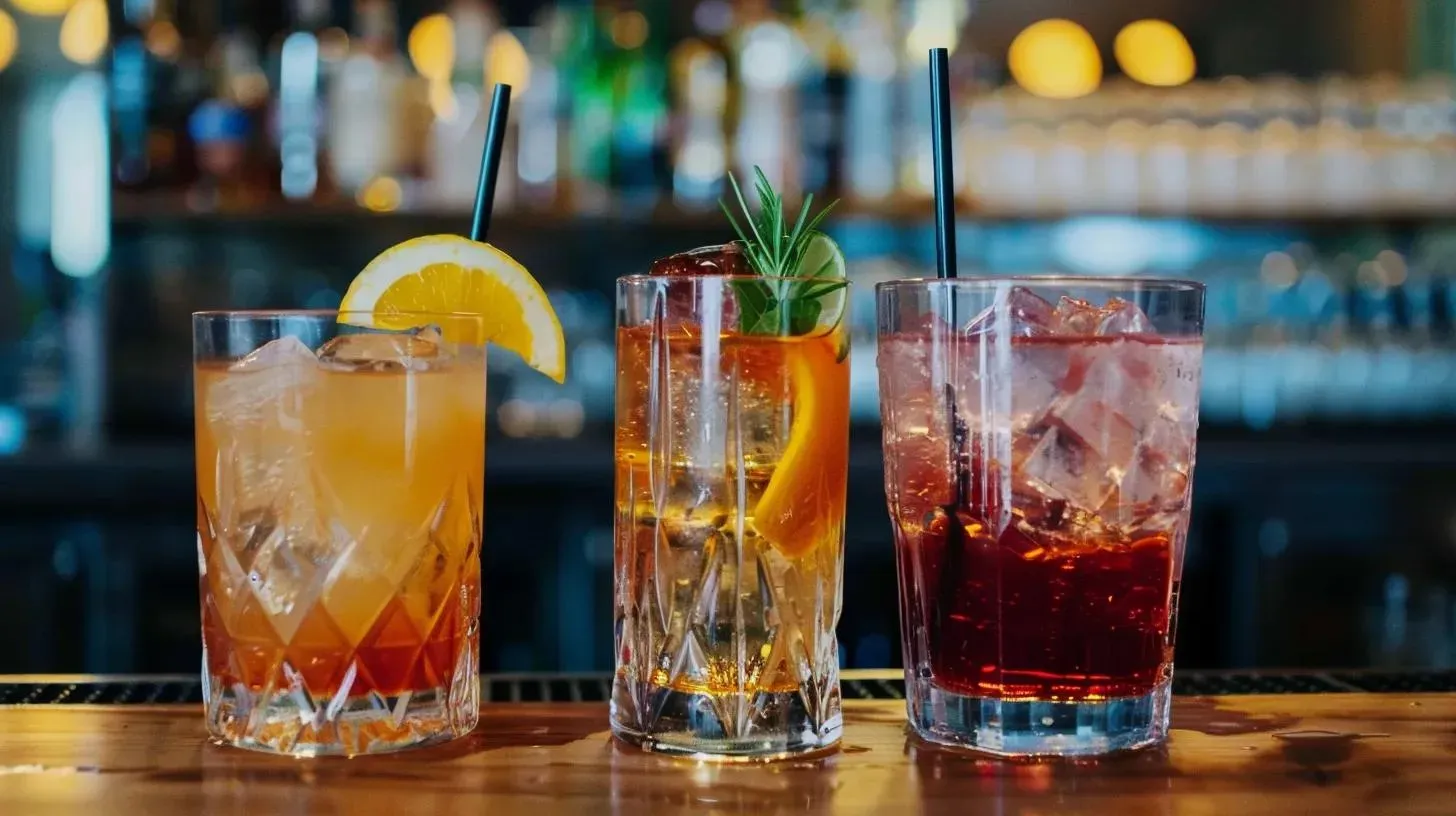 Three cocktails on a bar, garnished with fruit and herbs, with straws.