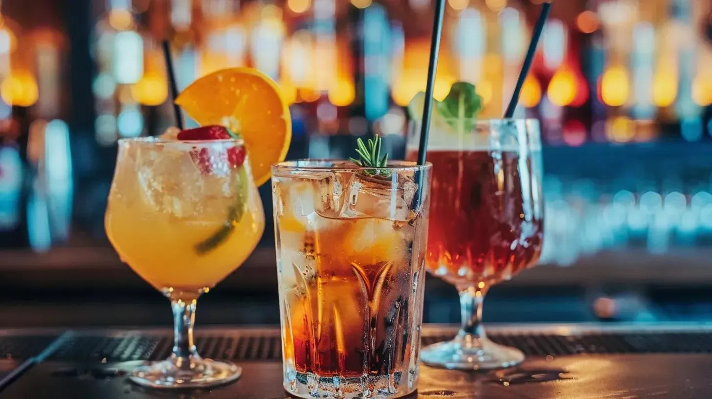 Three cocktails with garnishes on a bar: yellow, brown, and red drinks in glasses with straws.