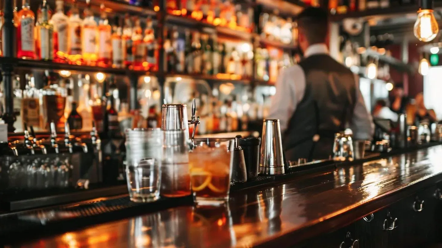 Bar with a bartender, liquor bottles on shelves, and a cocktail on the counter.