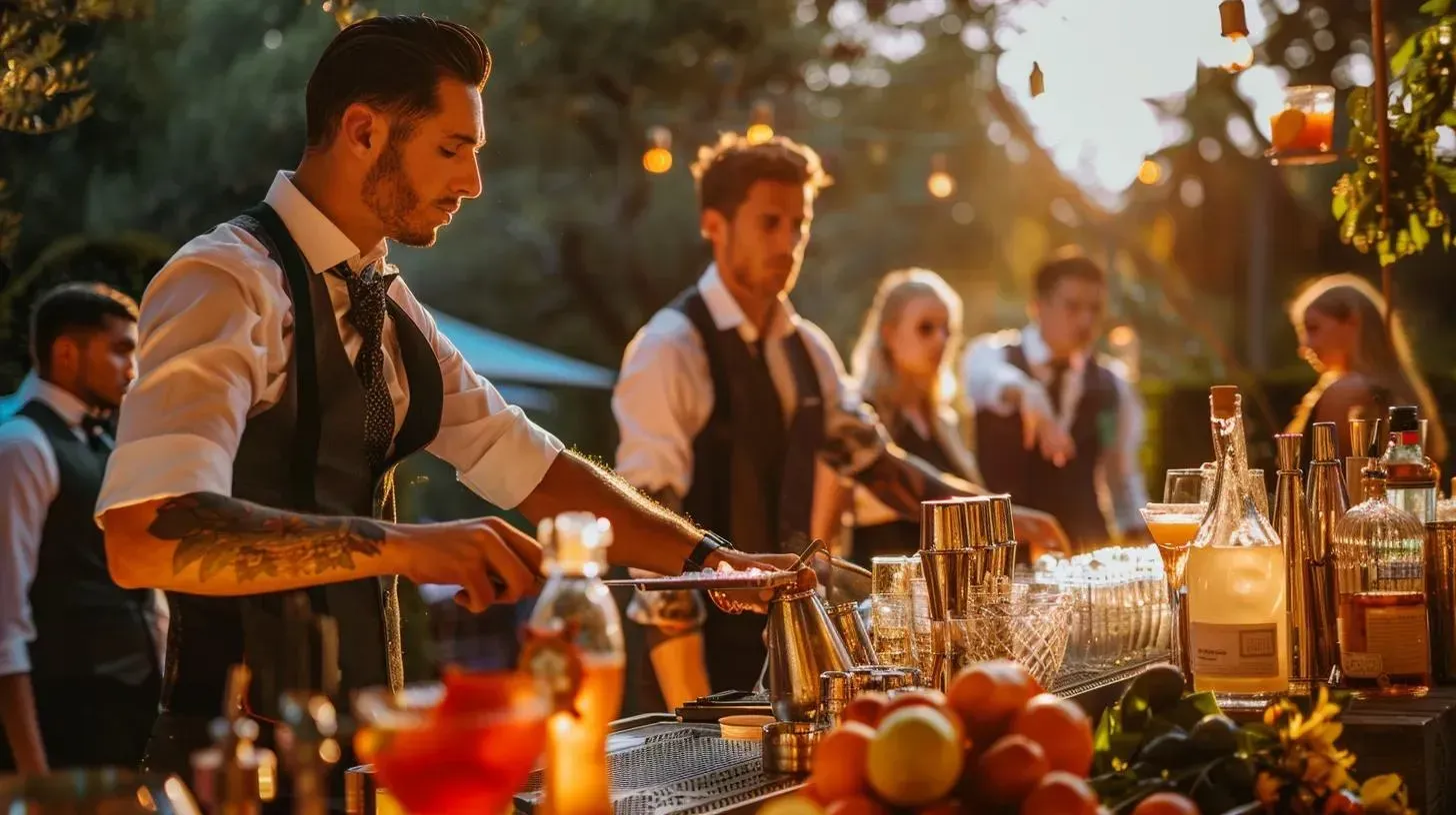 Bartenders preparing drinks at an outdoor bar, golden hour lighting.
