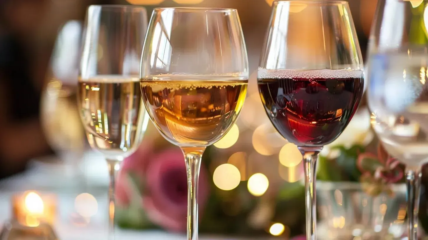 Wine glasses with white, amber, and red wine; bokeh background.