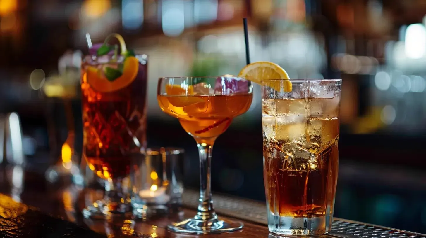 Cocktails on a bar, three glasses filled with brown liquid and garnishes, warm lighting.