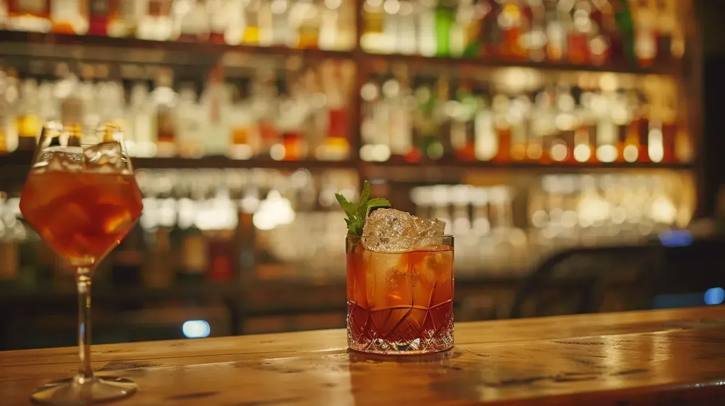 Two cocktails on a bar counter with a blurred background of liquor bottles in a bar.