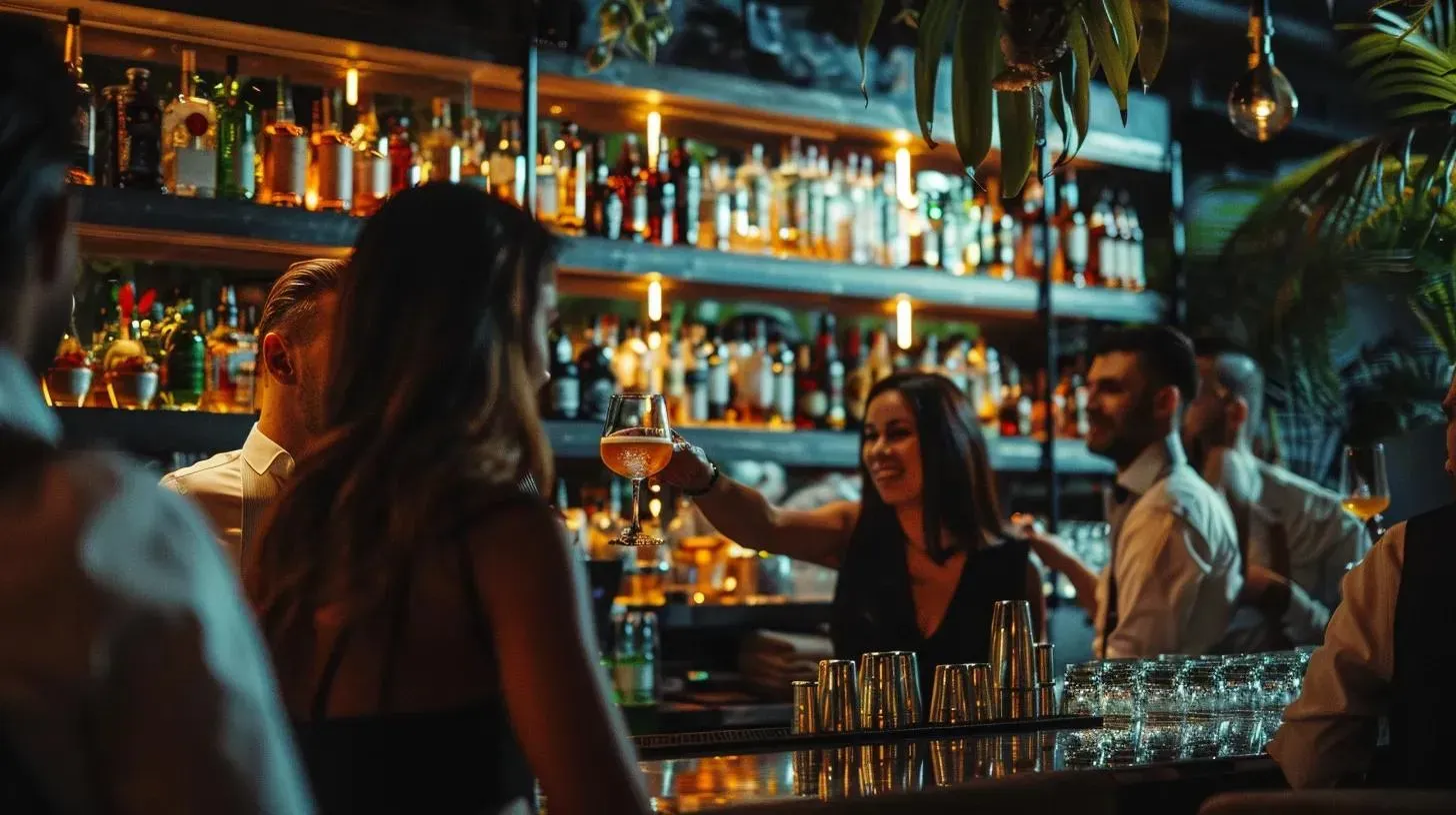People at a dimly lit bar, woman raising a drink, bottles on shelves, bar staff behind the counter.