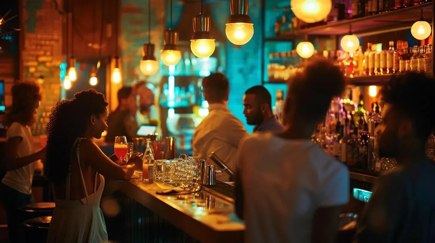 People at a bar, illuminated by warm lights. Some are ordering drinks, talking, and enjoying the atmosphere.
