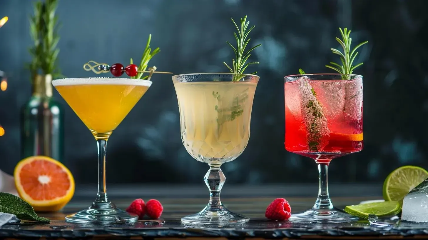 Three colorful cocktails garnished with rosemary on a dark surface, with fruit and ice.