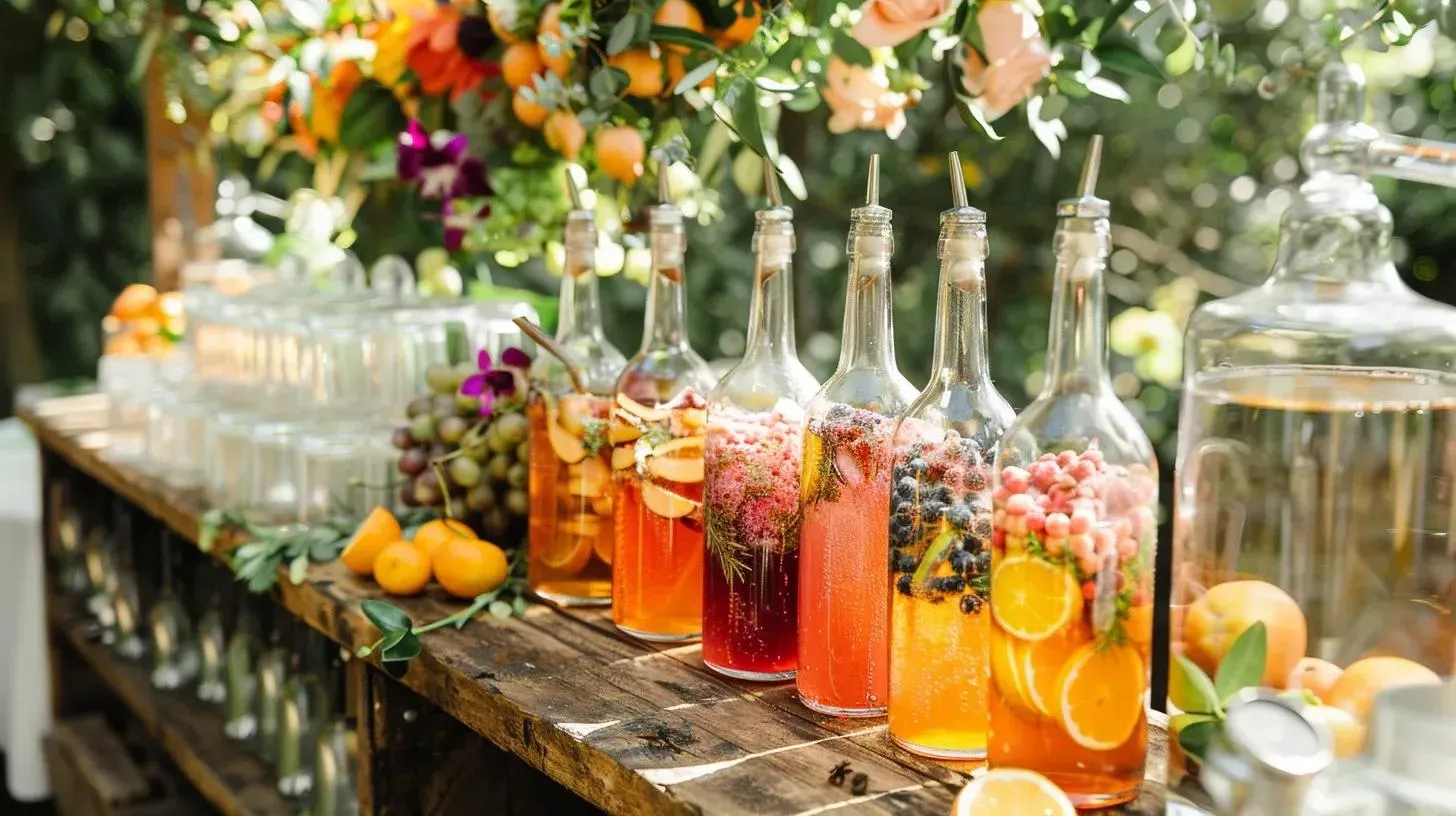 Bar with colorful fruit-infused drinks in glass bottles, under floral arrangement, outdoor setting.