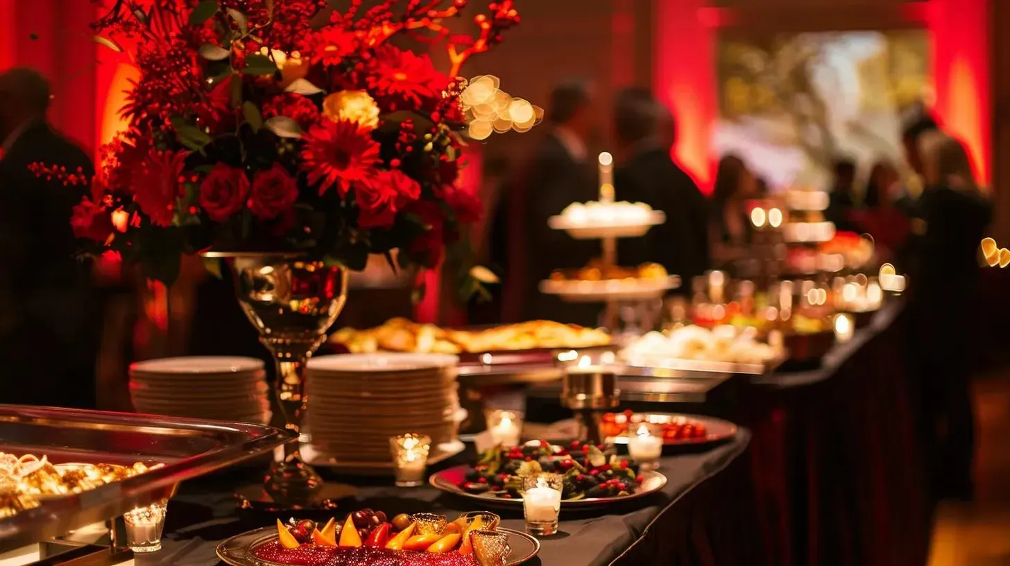 Buffet table at an event, with food, floral centerpiece, and guests in the background.