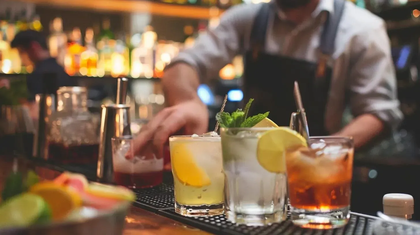 Bartender preparing cocktails at a bar with various drinks in the foreground.