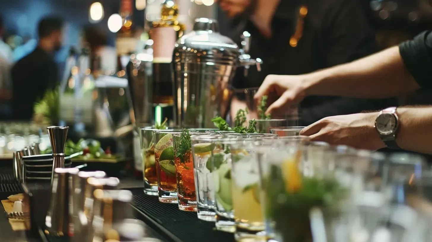 Bartender preparing cocktails, garnishing glasses with herbs, behind a bar.