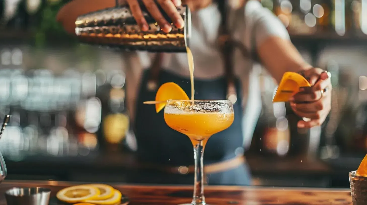 Bartender pouring yellow cocktail into glass, garnishing with orange slice.