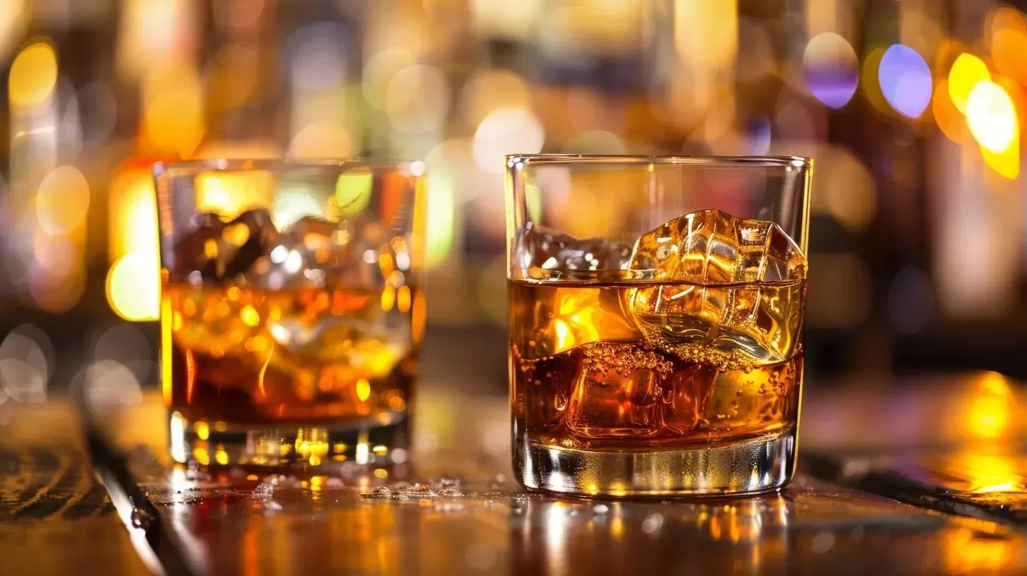 Two glasses of amber liquid with ice on a wooden bar, blurred background.