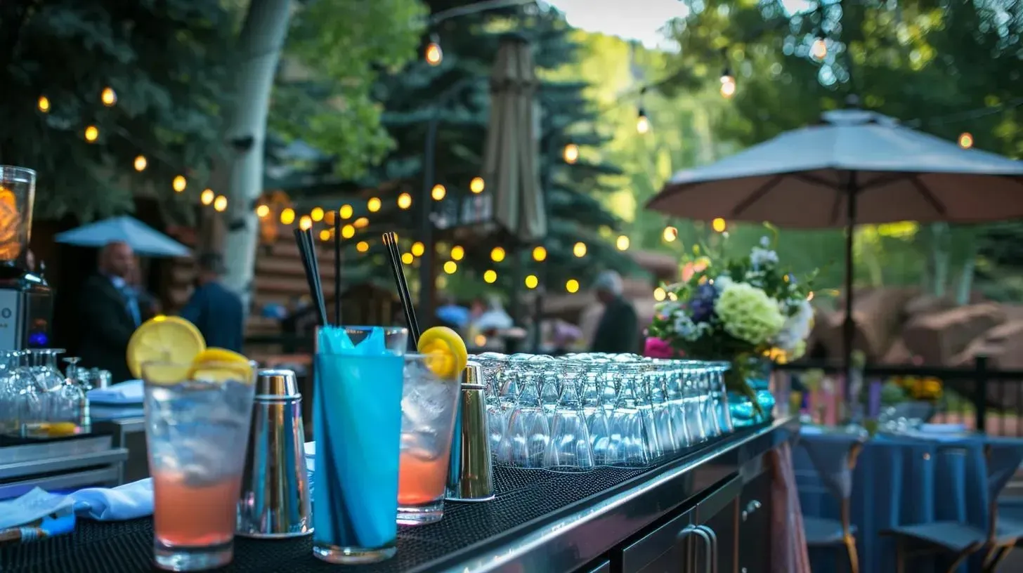 Outdoor bar with cocktails, string lights, and blurred figures in a natural setting.