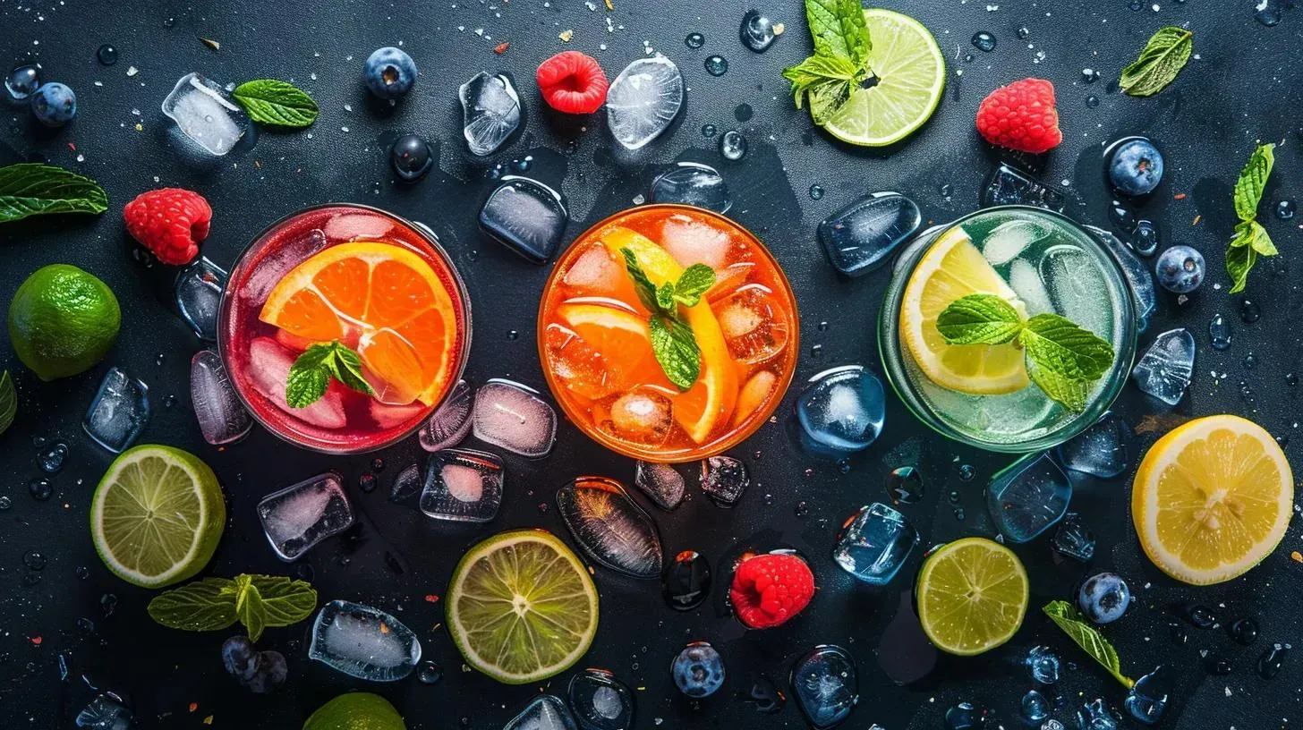 Three fruit drinks with ice, citrus slices, berries, and mint on a dark surface.