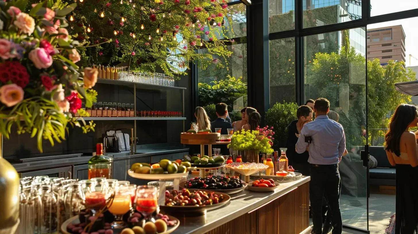 Outdoor buffet table with flowers, fruit, and drinks beside guests at a sunny event