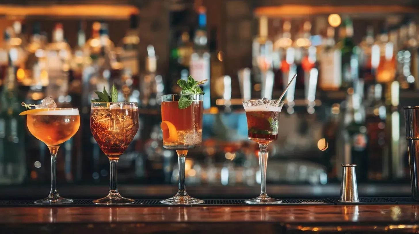 Five cocktails on a bar counter with bottles in the blurred background.
