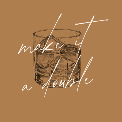 Brown illustration of a glass with ice, with the words