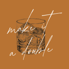 Brown illustration of a rocks glass with ice, and script text 