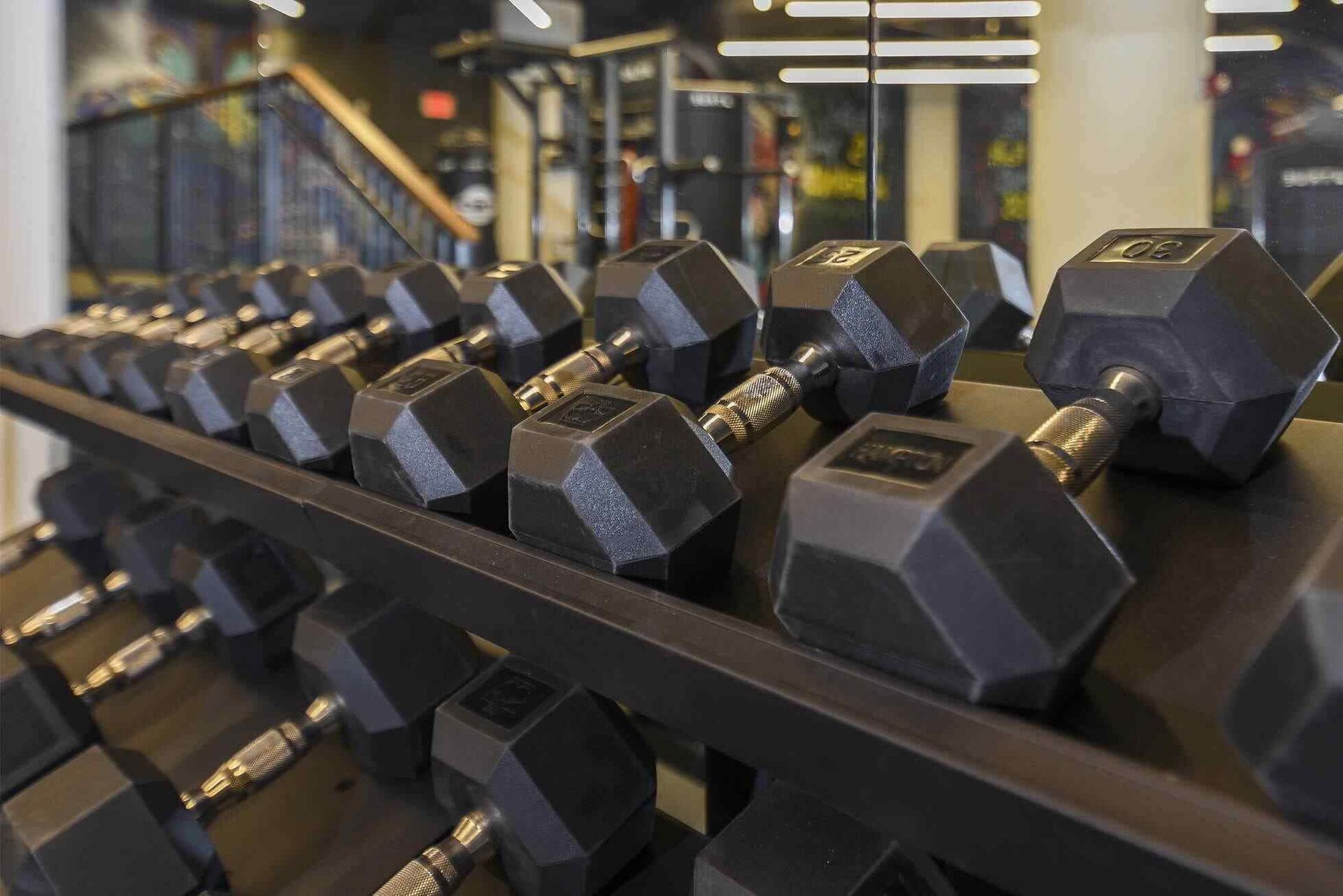 Dumbbells lined up on a rack in a modern property gym at Terminal 21, a premier apartment community in Downtown Pittsburgh, Pennsylvania.