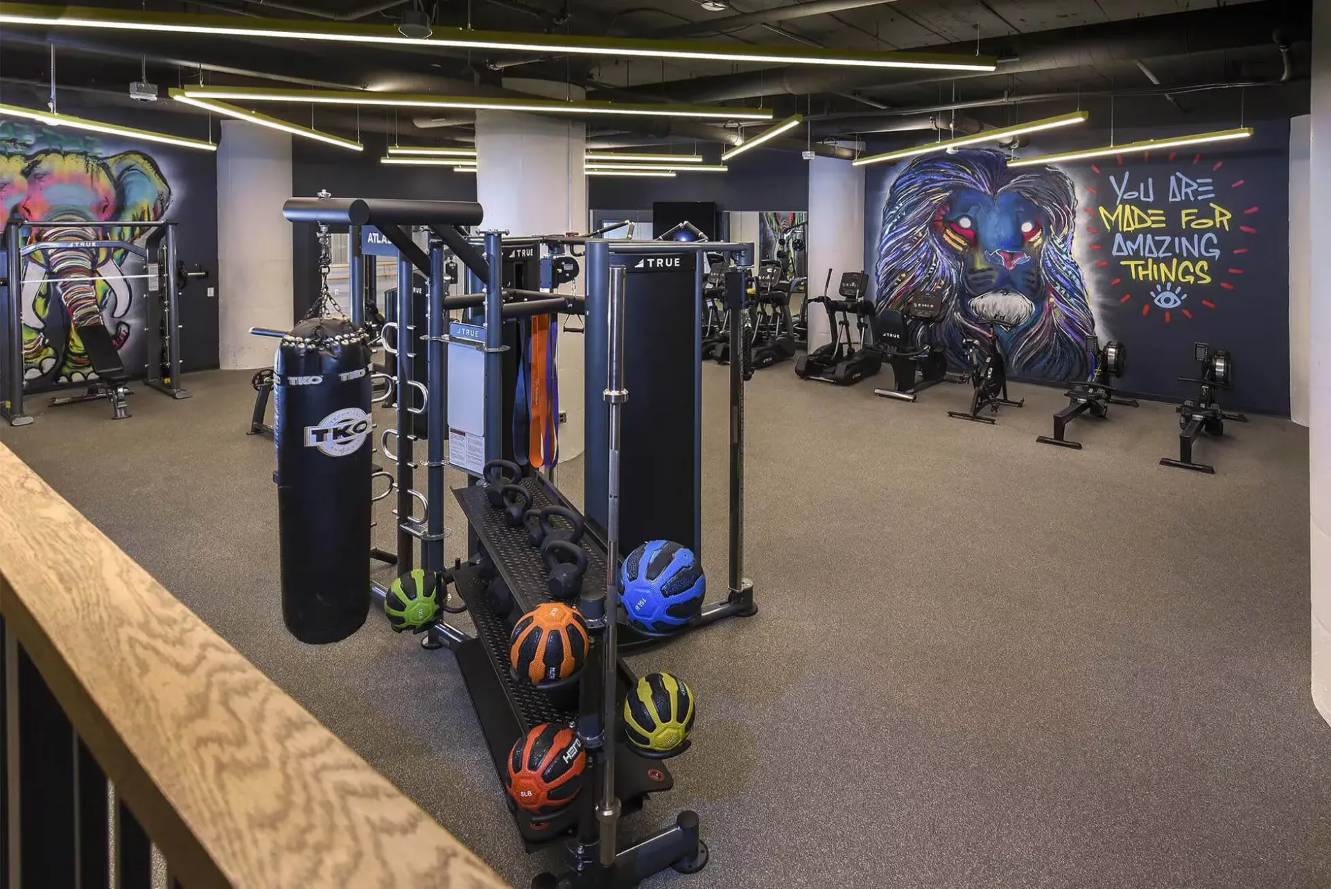 Interior view of a resident gym with a punching bag, weights, kettlebells, and colorful murals at Terminal 21, a premier apartment community in Downtown Pittsburgh, Pennsylvania.