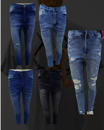 Cinco pares de jeans azules con diferentes lavados y desgastados.