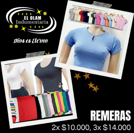 Anuncio de ropa: Camisetas de mujer de varios colores. El texto dice "REMERAS" y el precio.