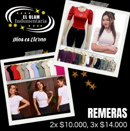 Anuncio de ropa: Camisetas de mujer de varios colores. El texto dice 