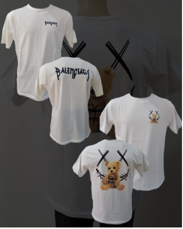 Cuatro camisetas con un gráfico de osito de peluche en la parte delantera y una X grande en la parte trasera, en colores gris, rosa y beige.