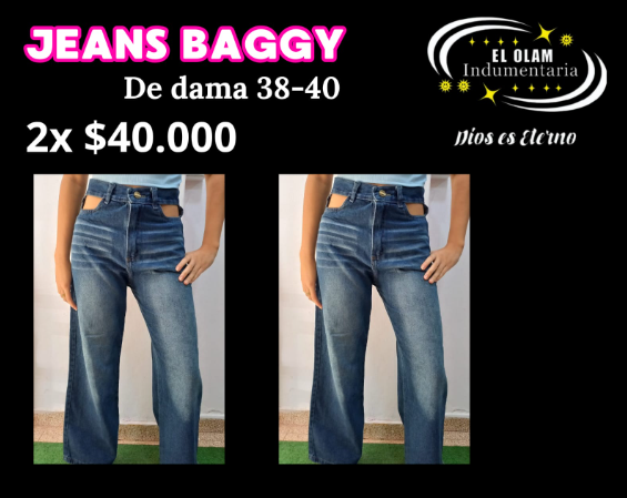 Se venden dos pares de jeans holgados, talla 38-40. Mezclilla azul oscuro con cortes. Texto: "Jeans holgados", "2x $40,000".