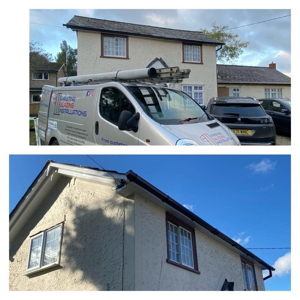 Two pictures of a house with a van on top of it