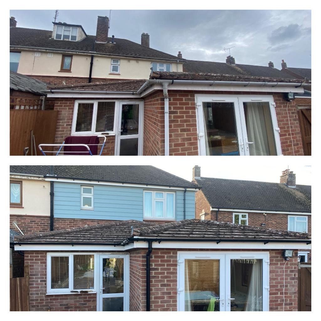 A before and after picture of a brick house with blue siding