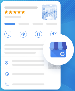 Google My Business profile with a storefront icon on a blue background. Includes ratings, contact, and other business details.