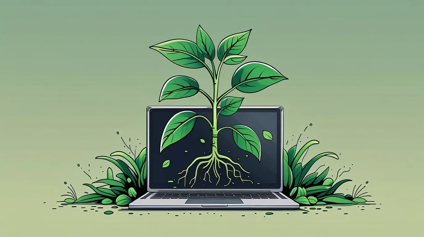 Laptop with a plant growing out of the screen; green leaves and roots against a soft green background.
