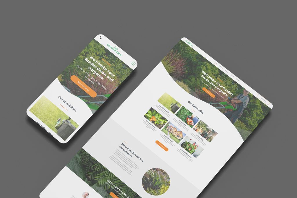 Smartphone and laptop displaying a gardening website on a gray background.