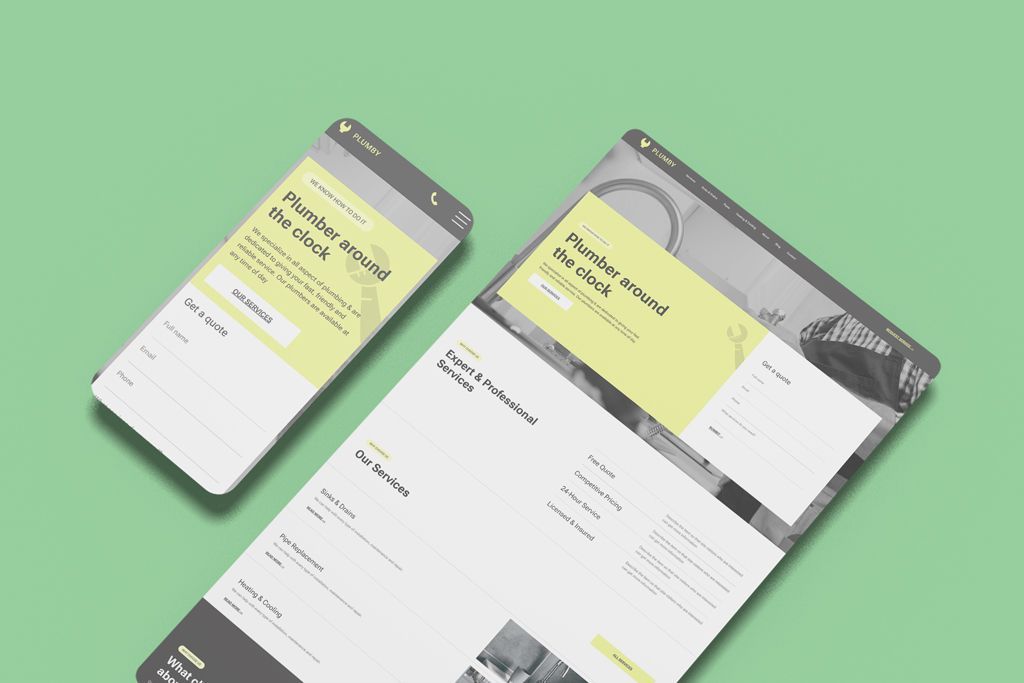 Mobile phone and tablet showing a website, on a green background.