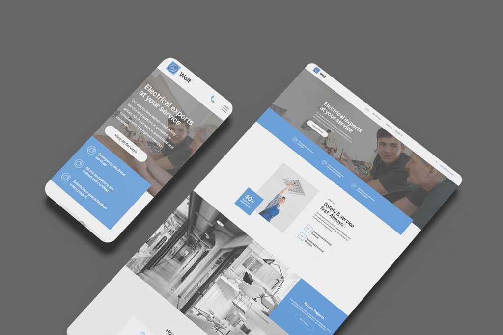 Website design mockup, smartphone and laptop displaying a blue and white site.