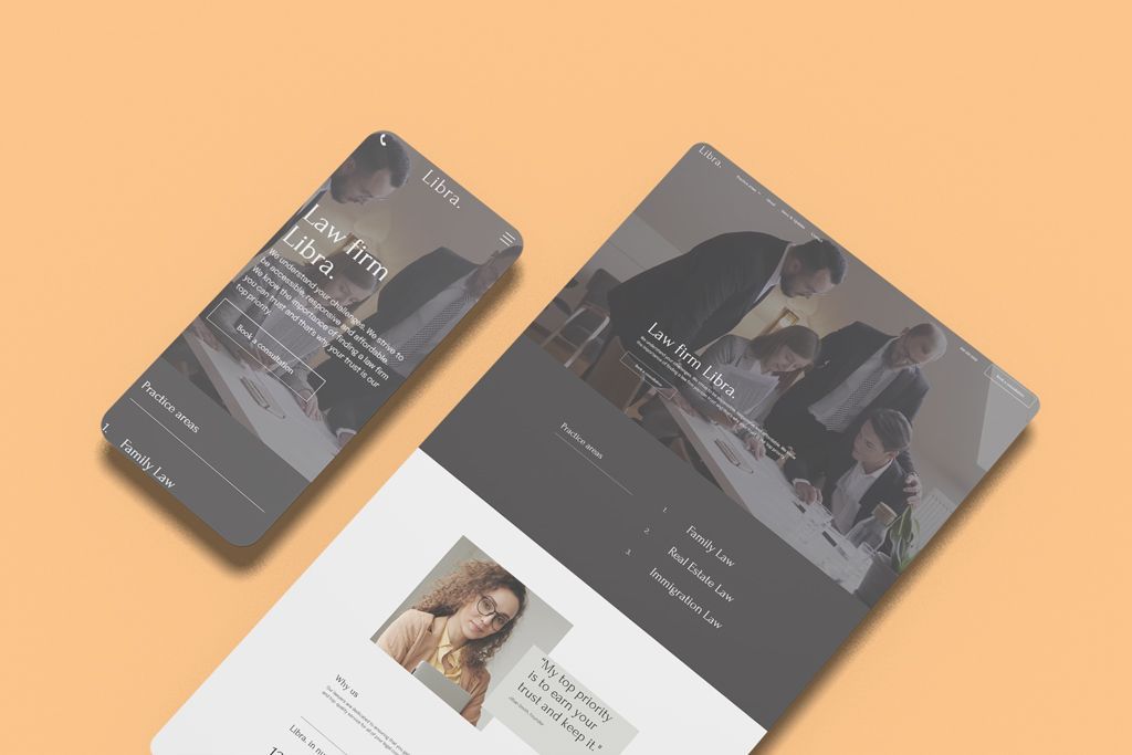 Smartphone and tablet displaying website content with a photo of a woman and a team working.