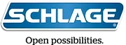 The schlage logo is blue and white and says open possibilities.