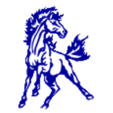 A blue and white drawing of a horse on a white background.