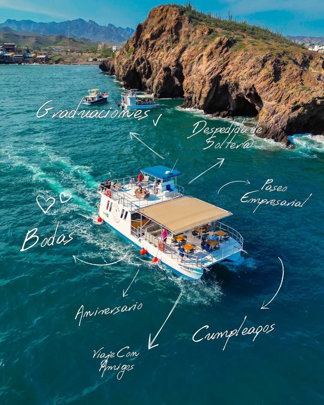 Vista aérea de un barco en aguas turquesas cerca de un acantilado rocoso. El texto indica posibles actividades como cruceros.