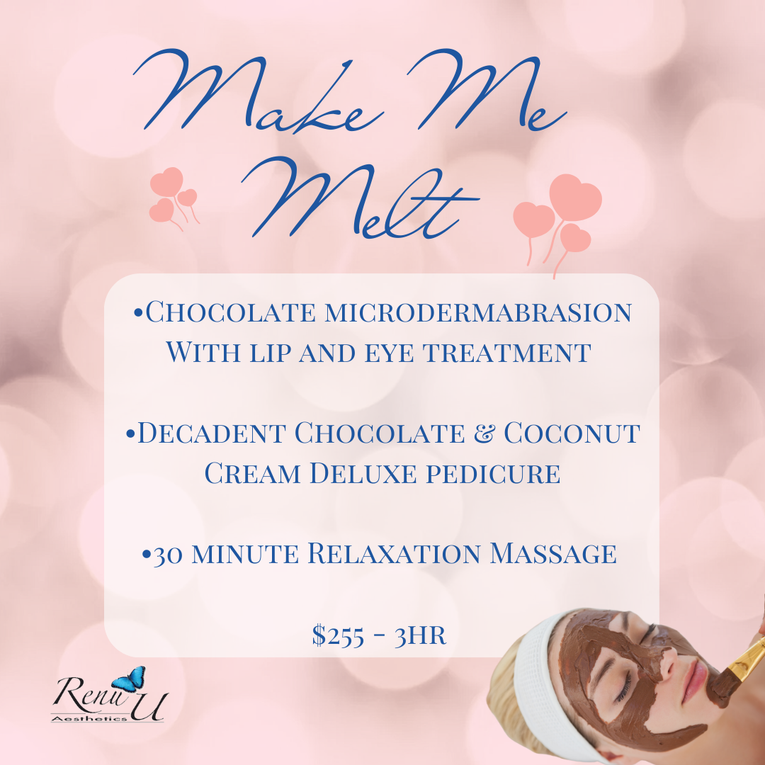 Spa package promotion: chocolate facial, deluxe pedicure, relaxation massage. Pink background.